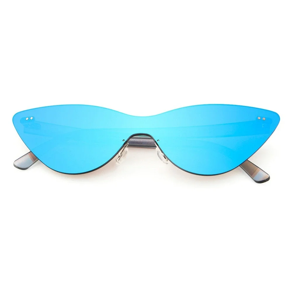 Rimless Sunglasses Blue Mirrored Lens Cat Eye Fashion Trendy Women UV Protection
